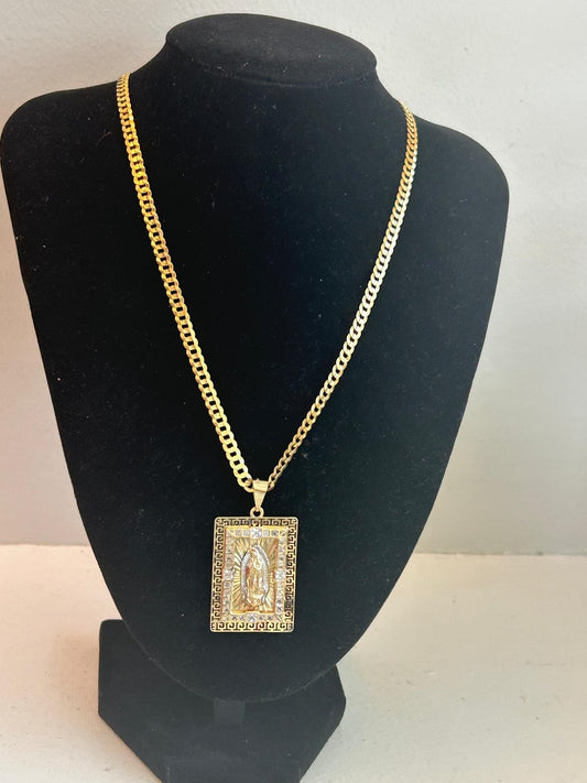 Gold Franco Chain with Virgen de Guadalupe Medallion – 10K