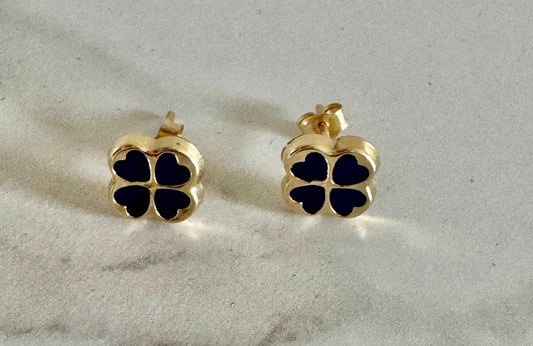 10K Gold Navy Blue Clover Heart Stud Earrings